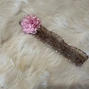 Pink Satin Puff finished on a Cheetah Ruffle print FOE Headband 7633